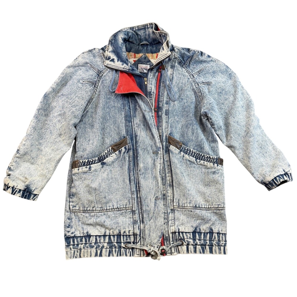 Vintage Weathered Blues Acid Wash Denim Jacket 80s Tribal Lining Hooded Blue M‎